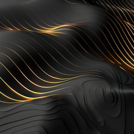 A smooth abstract design with black and gold elements, featuring fluid shapes that could suggest a blend of organic and digital motifs.の素材