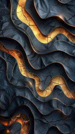 A close-up of a snake skin texture with gold veins and cracks.の素材
