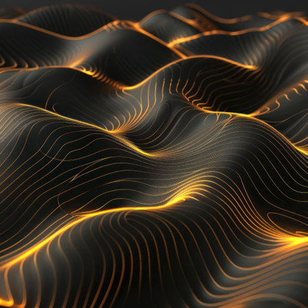 Highly detailed and realistic depiction of a mountain range rendered in 3D, showing lighting effects that create an aurora-like glow on the peaks.の素材