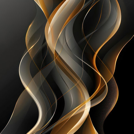 an intricate and visually appealing image featuring vibrant, swirling lines that resemble fire or smoke against a dark backdrop. The colors are predominantly gold and black, creating a striking contrast.の素材