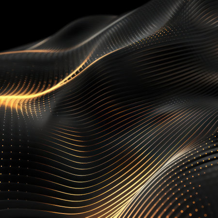 depicts a digital wave or frequency pattern that has a smooth, curving design with multiple shades of yellow and darker yellows. The color scheme suggests it might be related to technology, sound, or data visualization.の素材