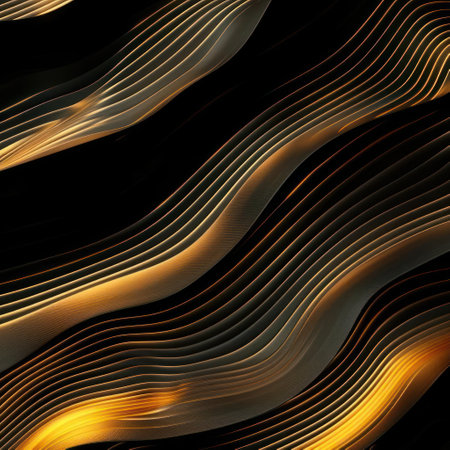 A photograph of a modern art sculpture with abstract curves glowing in hues of yellow and orange, set against a dark background.の素材
