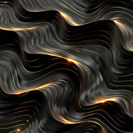 A dark background with abstract and intricate patterns, featuring golden lines and shapes that flow throughout the image.の素材