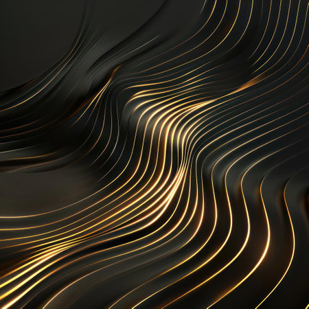 an image of a wave-like design with lines radiating outward in a dynamic, curved pattern. The background is dark and contrasts with the bright light that gives the impression of movement and energy.の素材