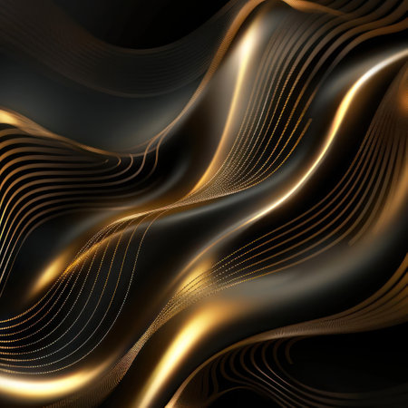 Abstract design with swirling shapes and patterns in various shades of gold, black, and white, resembling the motion of water or a flowing river.の素材
