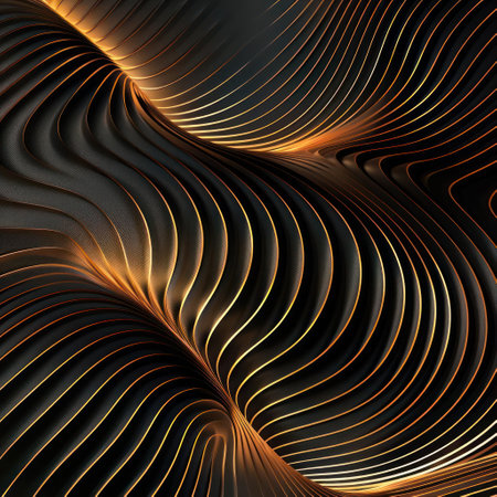 An intricate 3D optical illusion design in black, featuring flowing curves that create the perception of a three-dimensional space. The light from yellow highlights on the surface suggest depth and movement.の素材