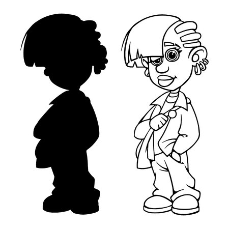 a cartoon girl with a backpack outlineのイラスト素材