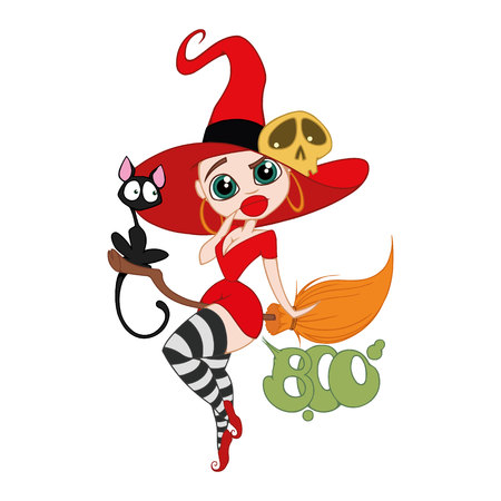 vector illustration witch on broom with catのイラスト素材