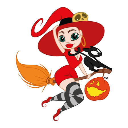 vector illustration witch on broom with catのイラスト素材