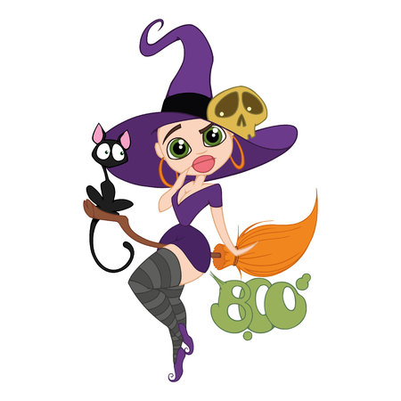 vector illustration witch on broom with catのイラスト素材