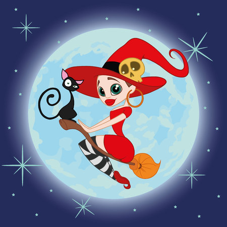 witch flying on a broomstick with a black catのイラスト素材