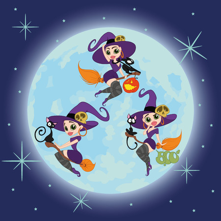 set of beautiful sexy witches in the background of the moon. vector illustrationのイラスト素材