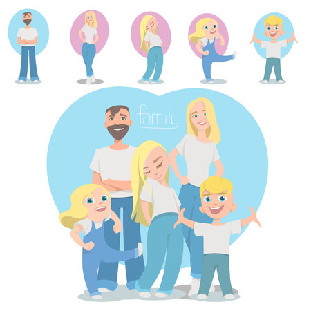 A happy family. Father, mother, son and 2 daughters together. Vector illustration flat designのイラスト素材