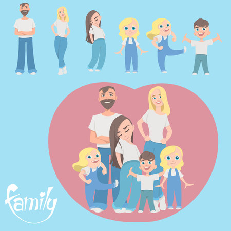 A happy family. Father, mother, son and daughter and twins girls together. Vector illustration flat designのイラスト素材