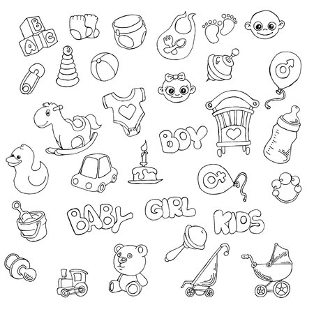 Vector hand drawn set of newborn baby care cartoon doodle objects and items.のイラスト素材