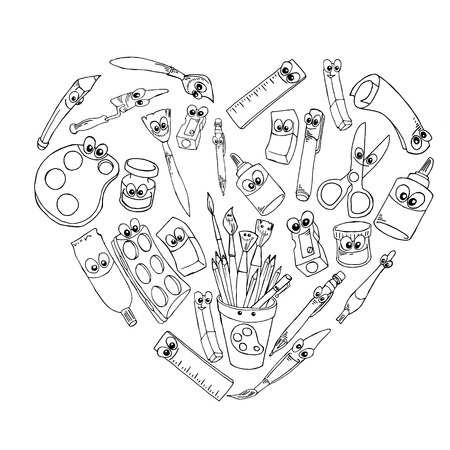 Cute cartoon school characters collection. Vector illustration of school objects isolated on white background. Back to school funny smileysのイラスト素材