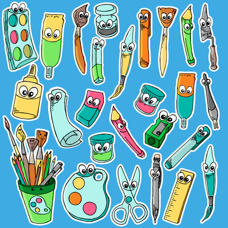 artoon characters of different drawing tools. Pencils, pen and others. School instrument pen with face, vector illustrationのイラスト素材