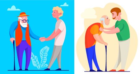 set of pictures help old people. vector illustration in cartoon styleのイラスト素材