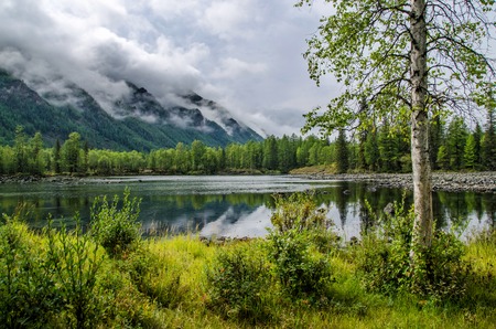 Siberia. Beautiful green fog lake in the forest. Buryatiaの写真素材