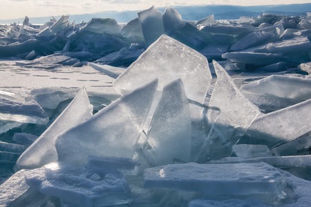 Field of ice hummocks on the frozen Lake Baikalの写真素材