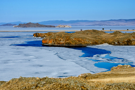 View above big beautiful lake Baikal with Ice floes floating on the water, Russiaの写真素材