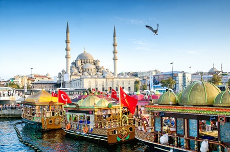 ISTANBUL, TURKEY - October 6, 2015: View of the Suleymaniye Mosque and fishing boats in Eminonu, Istanbul, Turkeyのeditorial素材