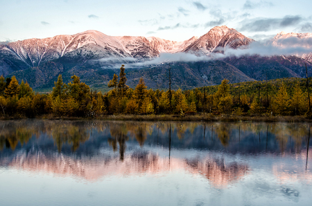 Lake and mountains of Siberia with reflectionの写真素材