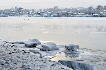 Winter city landscape by a Angara river in Irkutskの写真素材