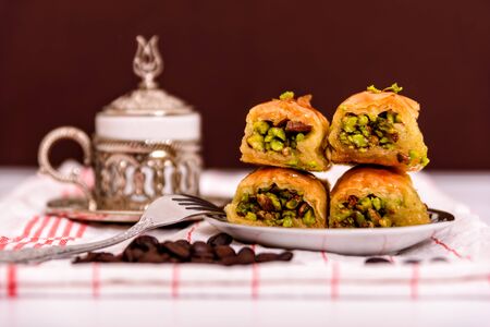 Turkish delights - baklava traditional sweets with turkish coffeeの写真素材