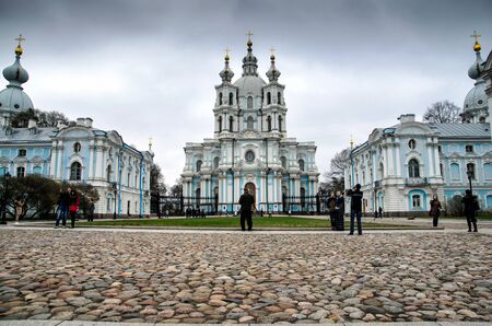 PETERSBURG, RUSSIA-May 2, 2015: Smolny Cathedral was built in 1748-1764, and over 50,000 wooden piles were needed to secure the foundation in marshy soilのeditorial素材