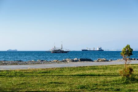 Turkey, Hatay - August 24, 2019: Beautiful view of iskenderun seaside with ships in evening in...