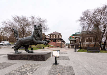 IRKUTSK, RUSSIA - APRIL 27, 2020: Babr Sculpture siberian tiger symbol of Irkutsk cityのeditorial素材