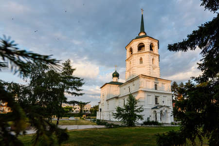 IRKUTSK, RUSSIA - June 30, 2020: Spasskaya Church of Chist the Saviour in the center of Irkutsk city...