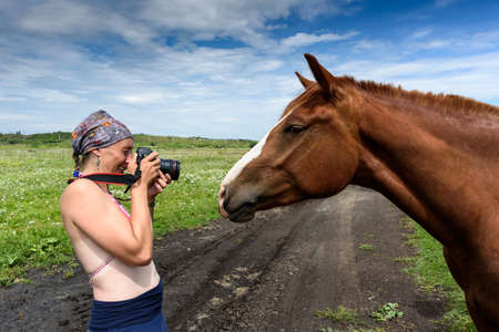 Photographer taking pictures of horse in the field