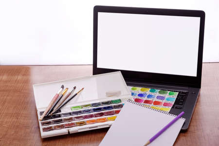 Online drawing courses use laptop. Cope space for header of coursesの写真素材