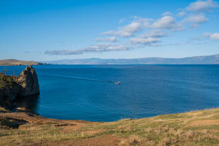 View of the village of Khuzhir from Shamanka Rock on lake Baikal at Olkhon island in September,...
