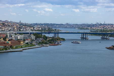 Istanbul, Turkey-September 6,2021: Panoramic view to Golden Horn with clouds