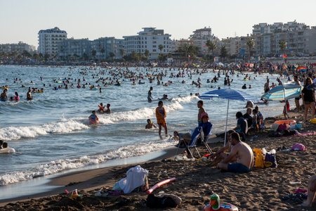 Mersin, Turkey - August 17, 2021: Crowded mediterranean coast during high seasonのeditorial素材