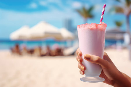 Woman holding glass of tasty strawberry smoothie on summer seaside with palm trees backgroundの素材