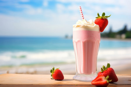 Strawberry milkshake with strawberry on blue sea and beach backgroundの素材