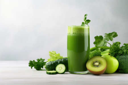 Blended green smoothie with ingredients on grey backgroundの素材