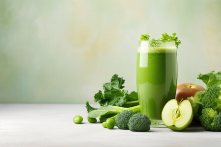 Blended green smoothie with ingredients on grey backgroundの素材
