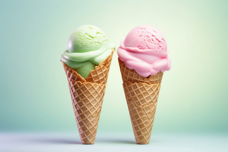 Set of ice cream in waffle cone on light green backgroundの素材