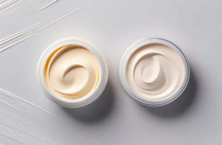 Two cosmetic cream container isolated on light grey background from top view.の素材