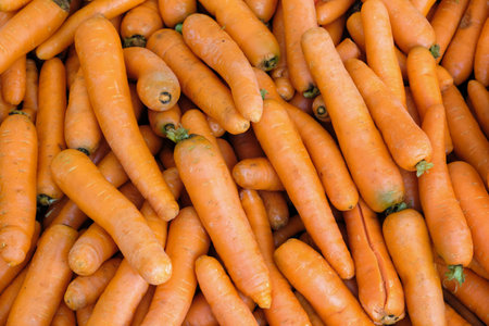 Organic carrots background. Stack of fresh carrots at the market