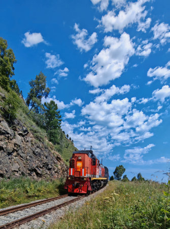 Red train on Circum-Baikal railwayの写真素材