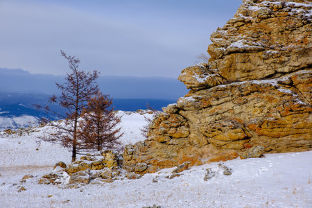 Tazhenranskaya steppe in winter on west coast of Lake Baikal, Siberiaの写真素材