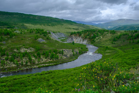 View above river, nature landscape. Buryatia. Siberia.の写真素材