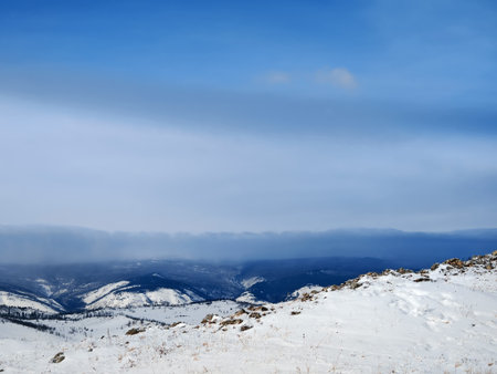 Tazhenranskaya steppe in winter on west coast of Lake Baikal, Siberiaの写真素材