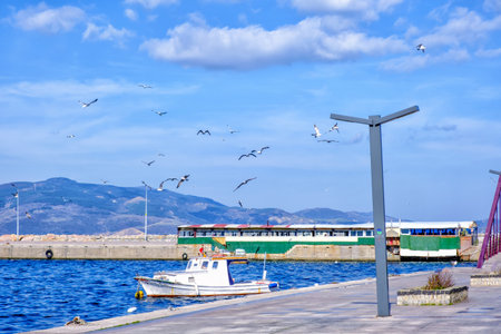 Bandirma, Turkey - February 7, 2024: Marina and embankment on sunny day